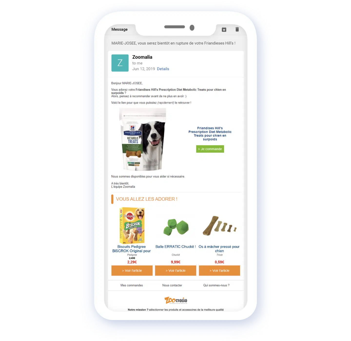 A phone displays an email promoting dog treats and toys from Zoomalia featuring images and purchase links.