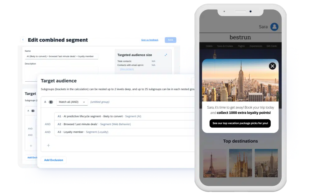 Dashboard interface shows a targeted marketing tool with a smartphone displaying travel incentives.