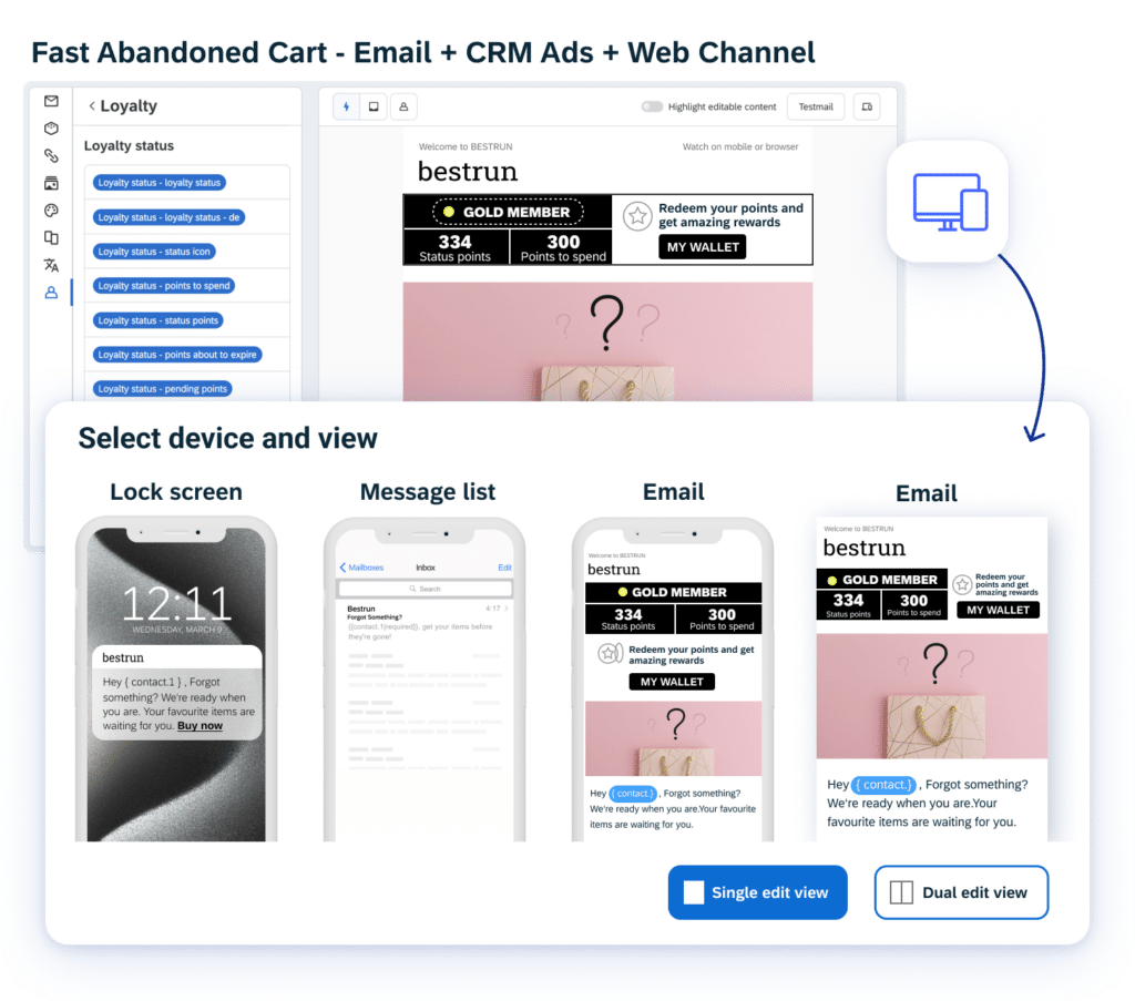 Dashboard shows a customized loyalty email design with mobile views text includes loyalty points