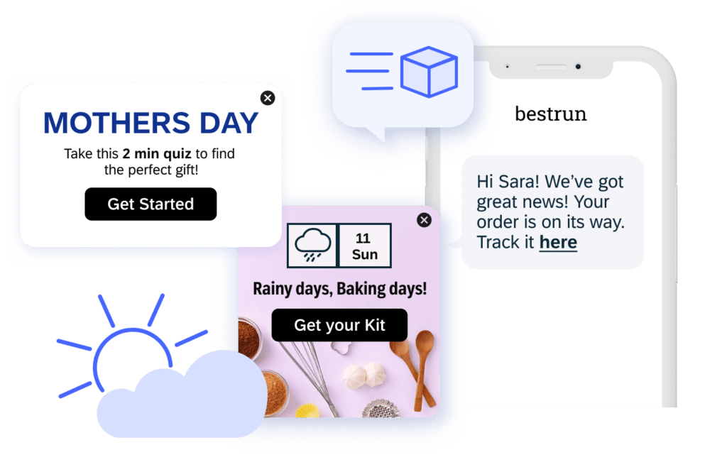 Notifications display shopping messages and weather. Text includes “Hi Sara! We’ve got great news