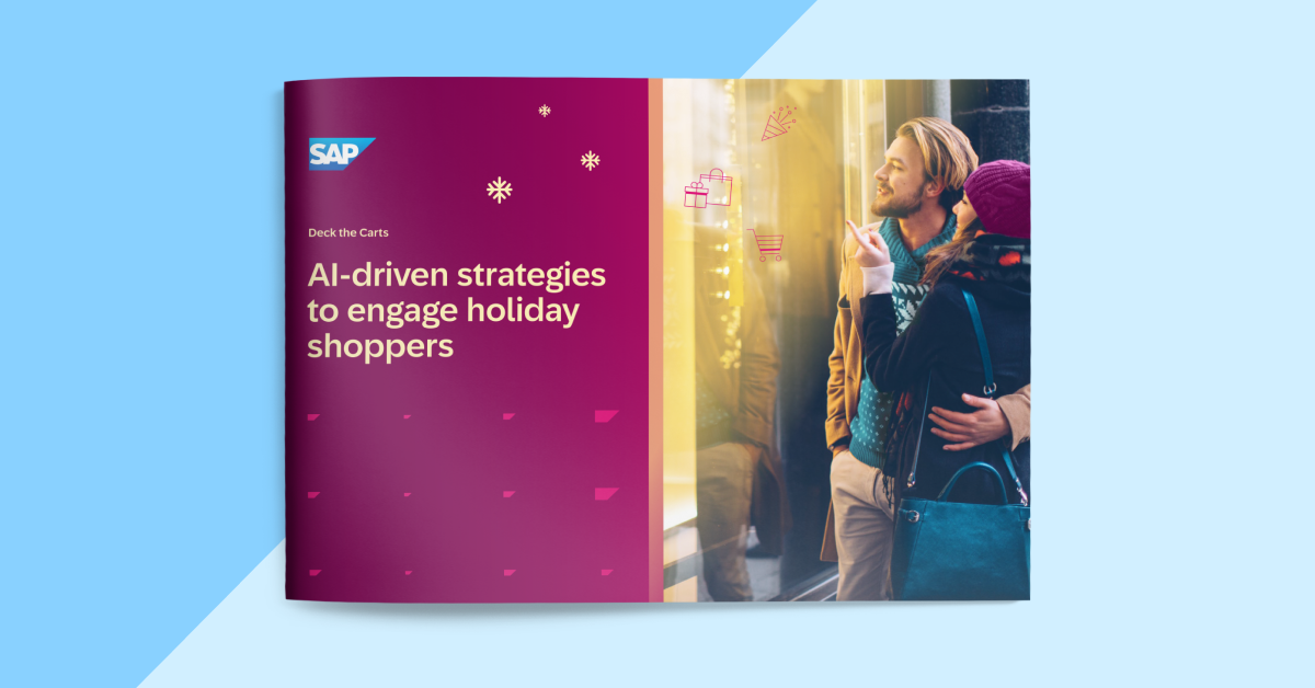 Holiday shopping-themed illustration showing a digital cart experience powered by AI, representing personalized customer engagement during peak season.