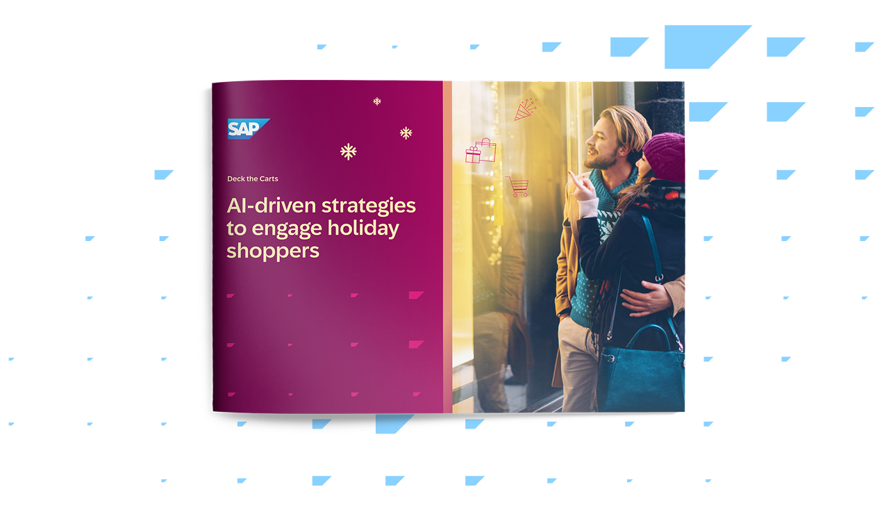 Holiday shopping-themed illustration showing a digital cart experience powered by AI, representing personalized customer engagement during peak season
